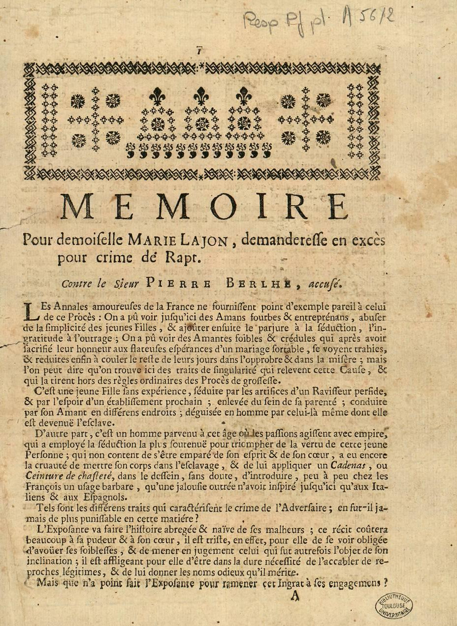 Mémoire pour demoiselle Marie Lajon,...(sans lieu, vers 1750)