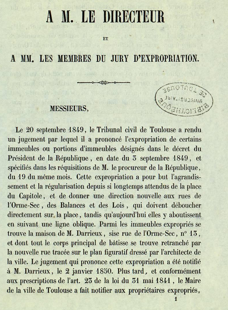A M. le directeur et à MM. les membres du jury d'expropriation (Toulouse, 1850)