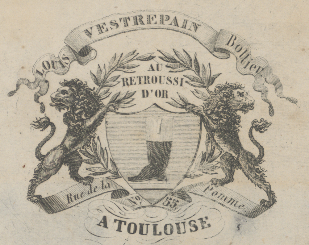Enseigne du poète cordonnier Vestrepain insérée dans Las espigos de la lengo moundino : poésies languedociennes. Delboy, 1860