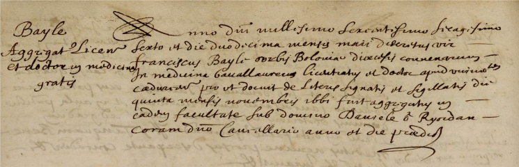 Registre des licenciés et docteurs en toutes facultés de l’Université de Toulouse. Ms 10, BU Arsenal, f. 64 v° Registre des licenciés et docteurs en toutes facultés de l’Université de Toulouse. Ms 10, BU Arsenal, f. 64 v°